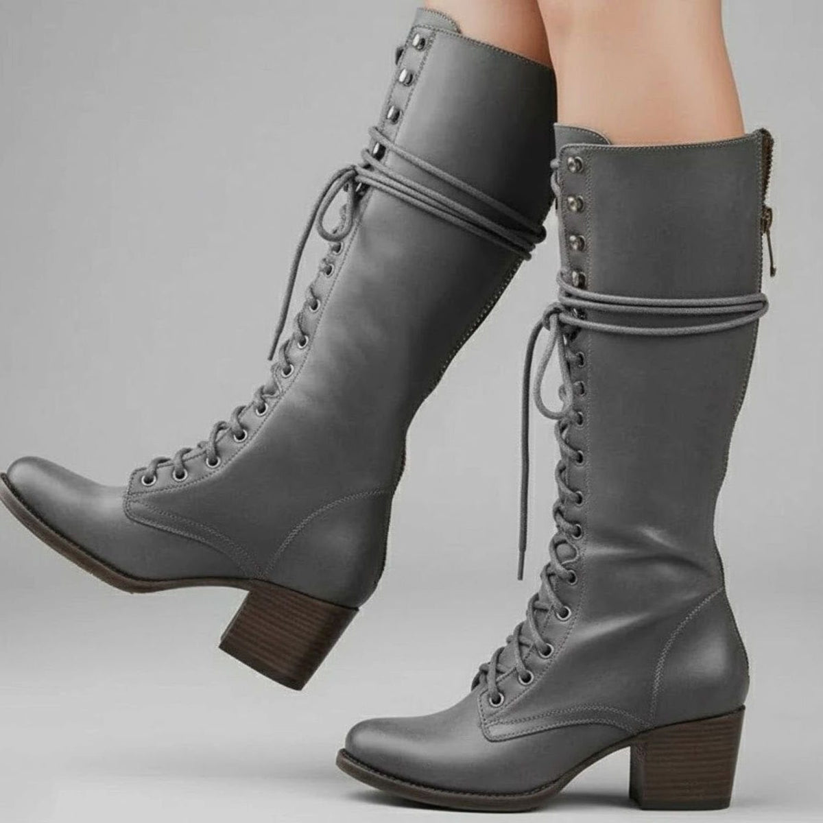 Lace-Up Block Heel Studded Knee-High Boots for Women - Gray