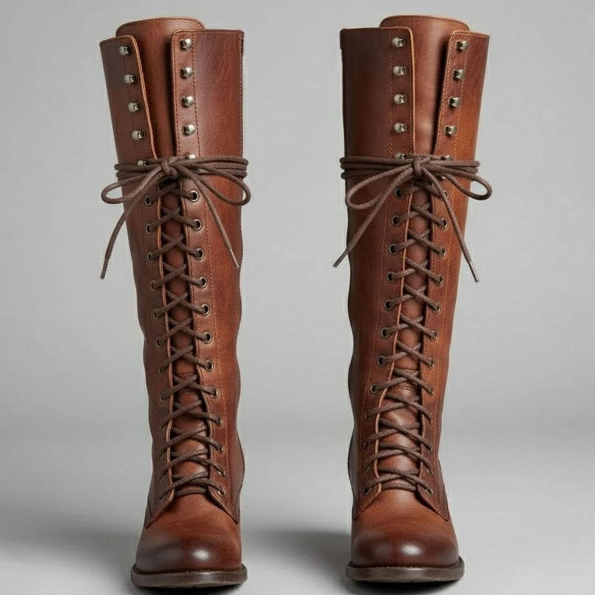 Lace-Up Block Heel Studded Knee-High Boots for Women - Brown