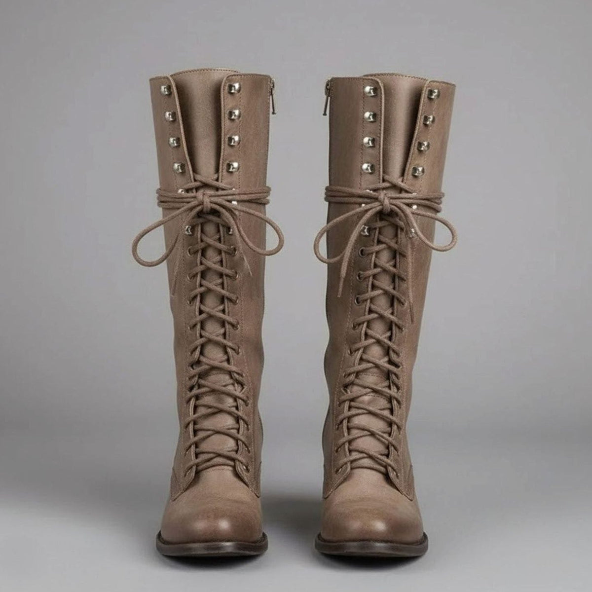 Lace-Up Block Heel Studded Knee-High Boots for Women - Khaki