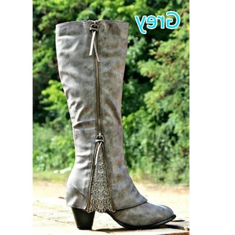 Lace-Up Knee-High Boots for Women - Grey