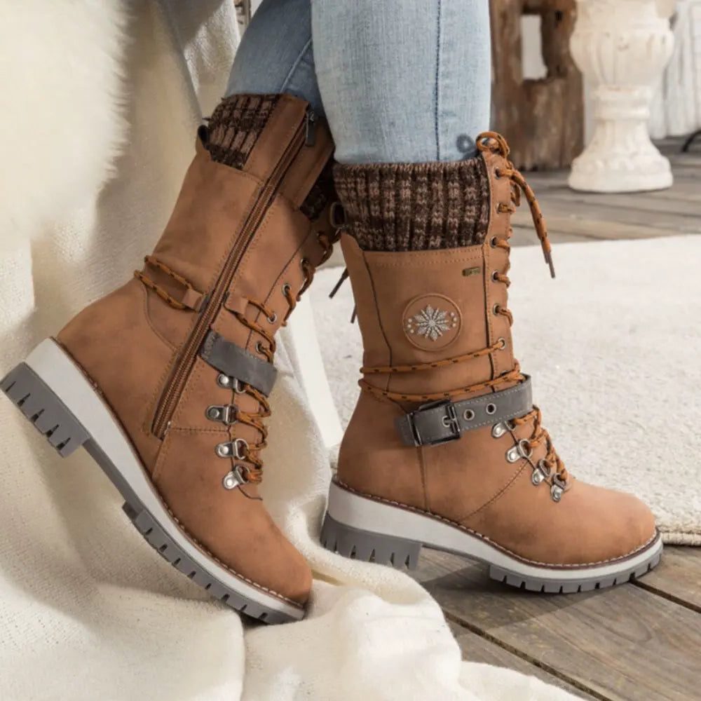 Lace-Up Lug Sole Ankle Boots for Women - Brown