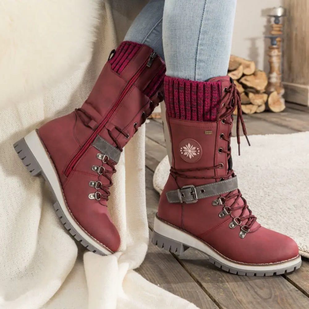 Lace-Up Lug Sole Ankle Boots for Women - Red