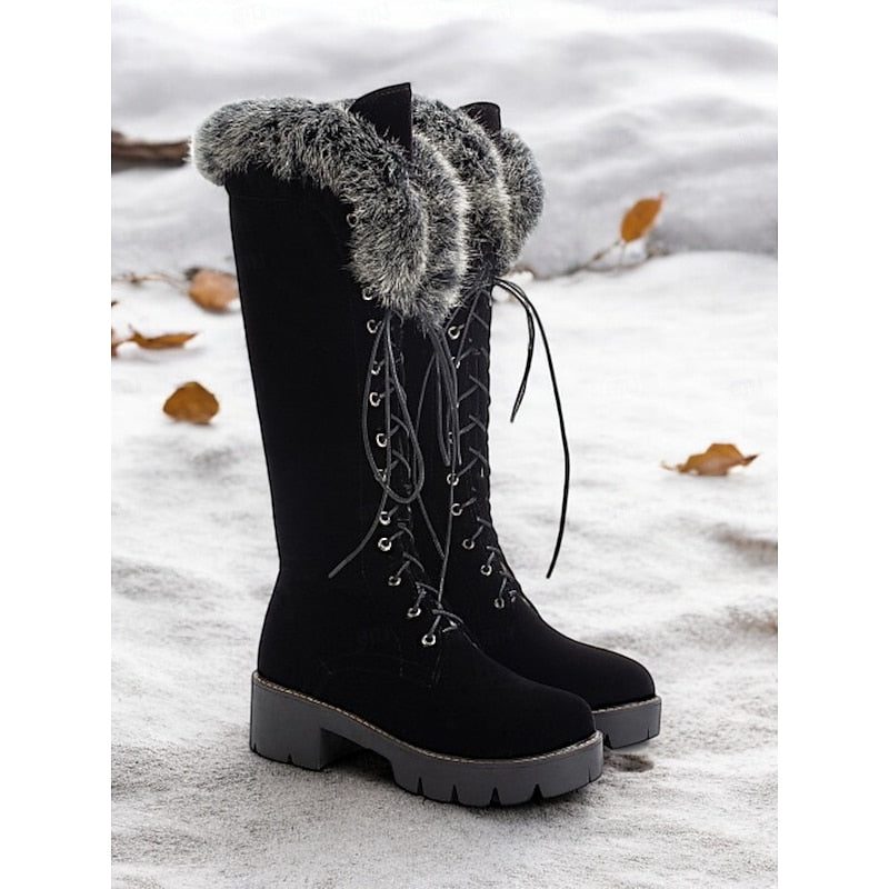 Lace-Up Platform Knee-High Winter Boots for Women - Black