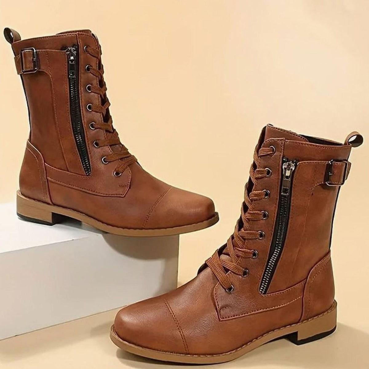 Lace-Up Side-Zip Combat Boots for Women - Brown