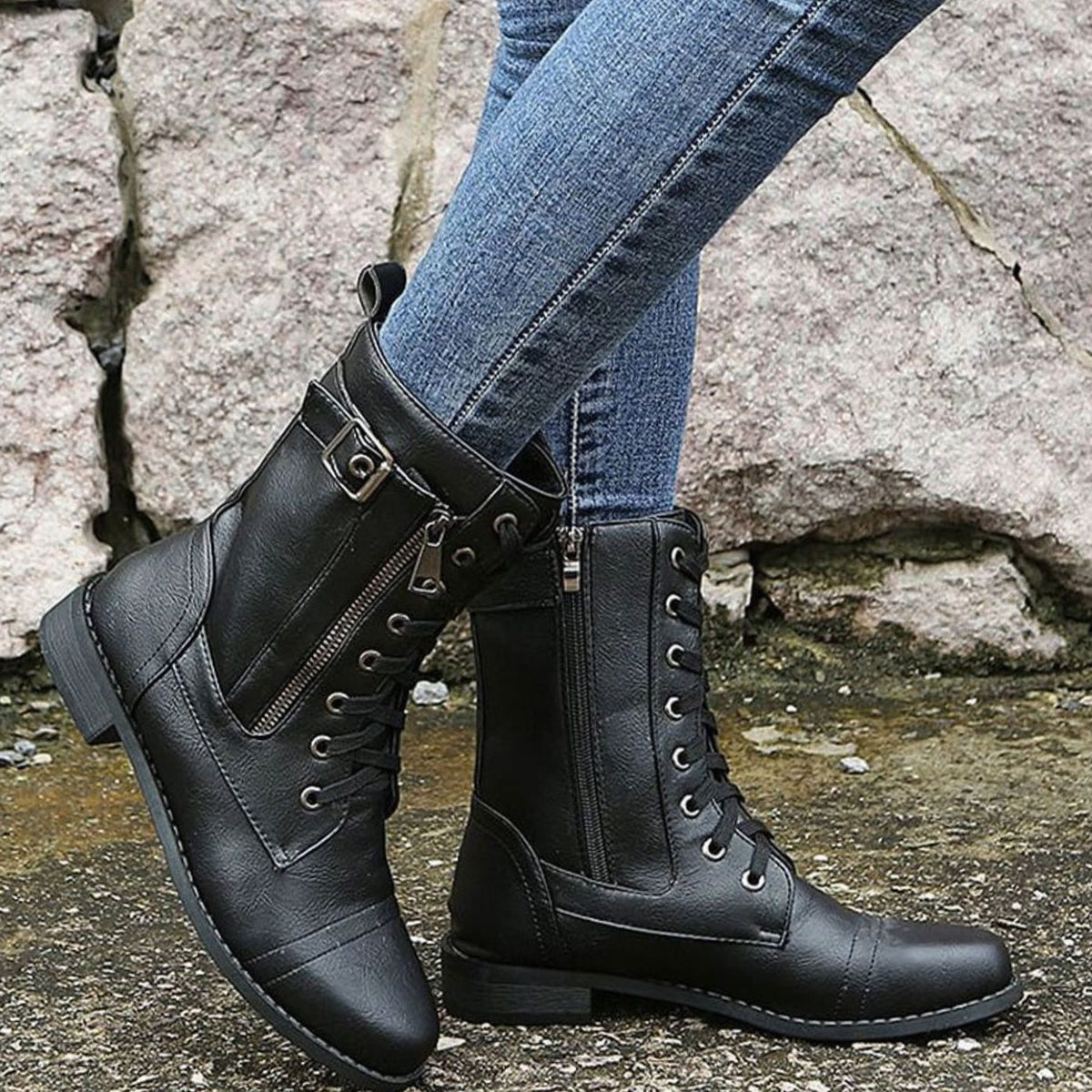 Lace-Up Side-Zip Combat Boots for Women - View 11