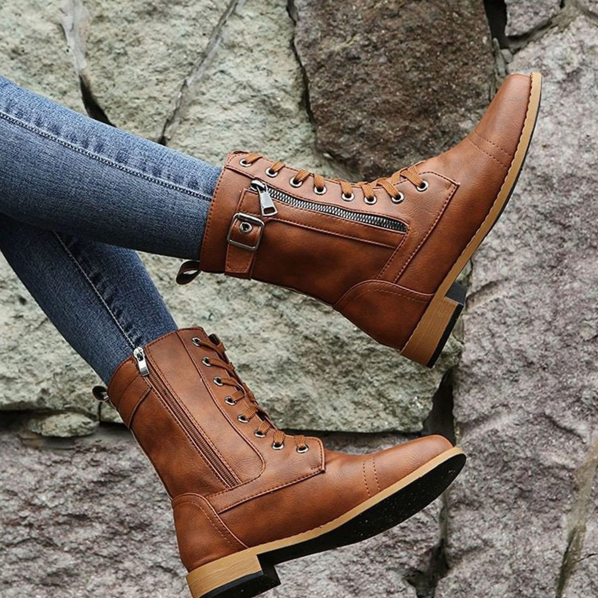 Lace-Up Side-Zip Combat Boots for Women - View 16