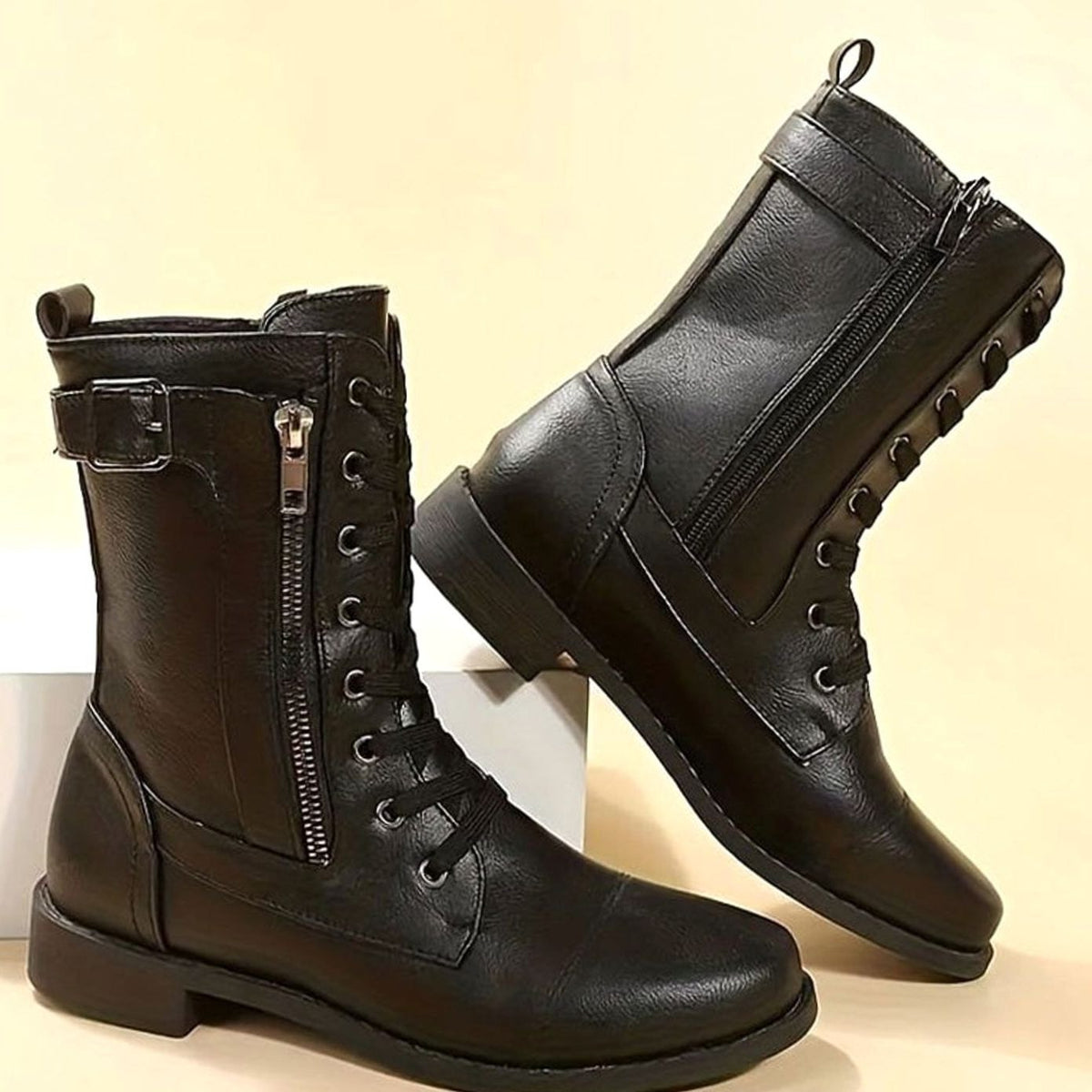 Lace-Up Side-Zip Combat Boots for Women - Black