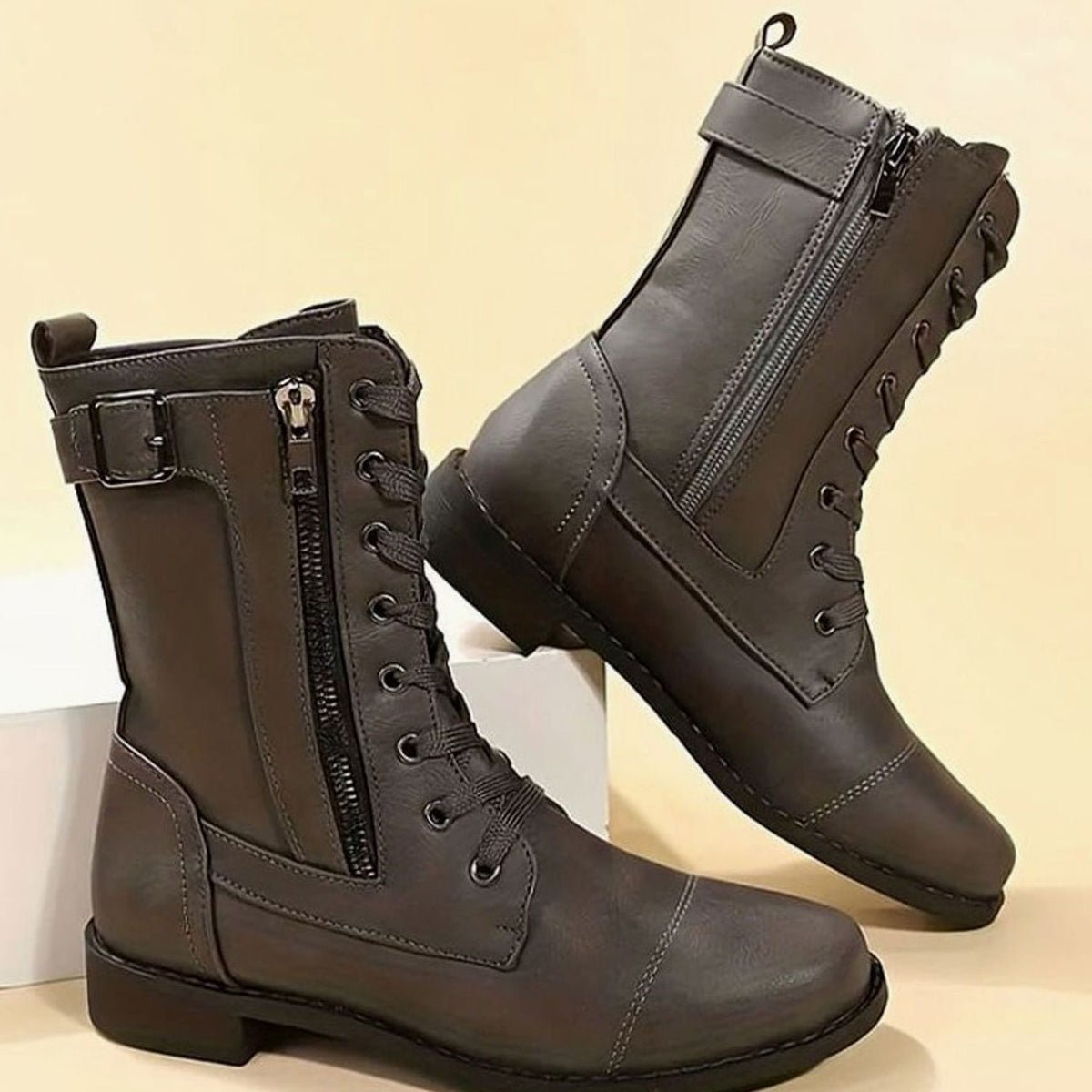 Lace-Up Side-Zip Combat Boots for Women - Grey