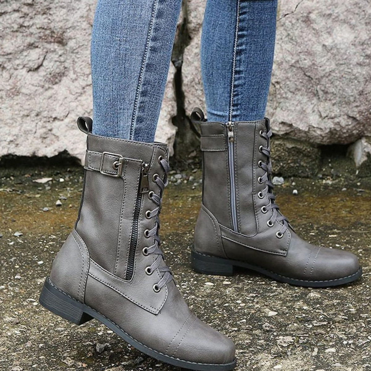 Lace-Up Side-Zip Combat Boots for Women - View 4