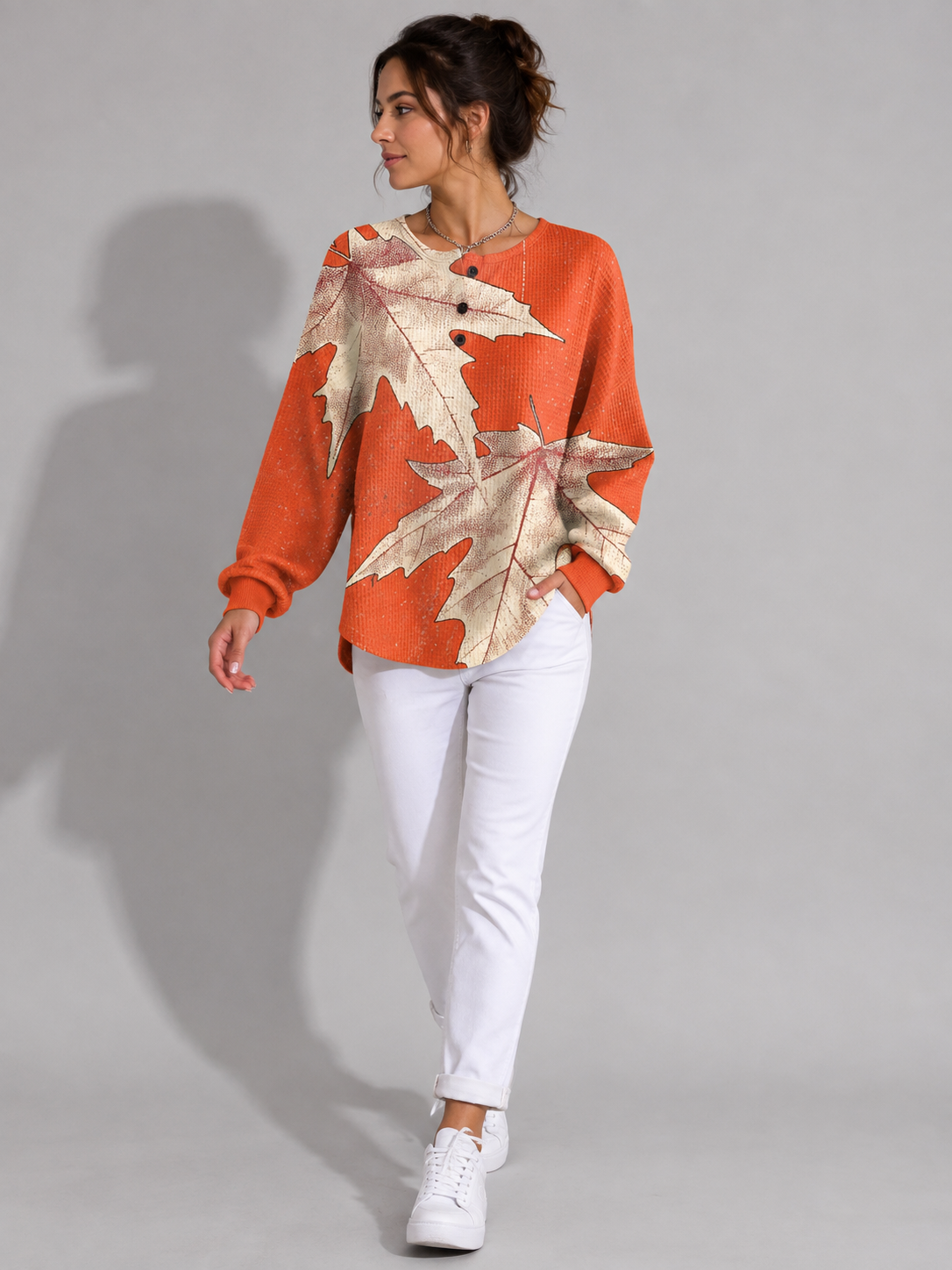 Leaf Print Waffle Knit Sweater for Women