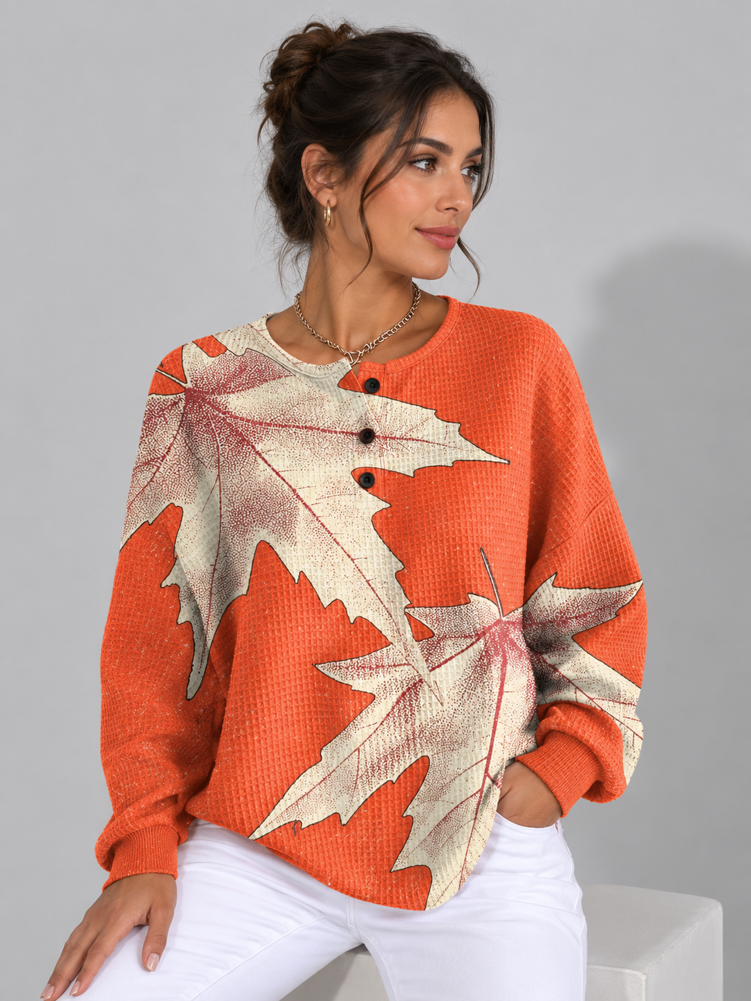 Leaf Print Waffle Knit Sweater for Women