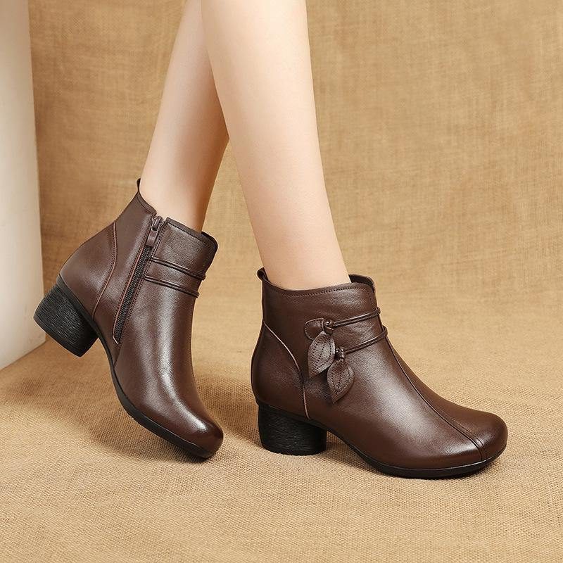 Leather Square Toe Ankle Boots with Chunky Heel for Women