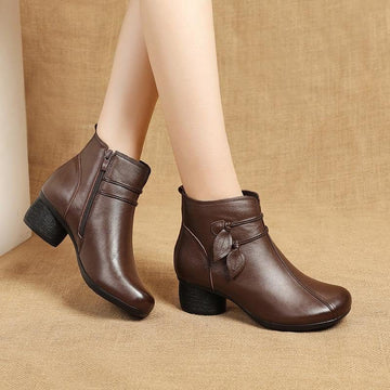 Leather Square Toe Ankle Boots with Chunky Heel for Women