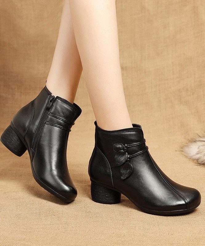 Leather Square Toe Ankle Boots with Chunky Heel for Women