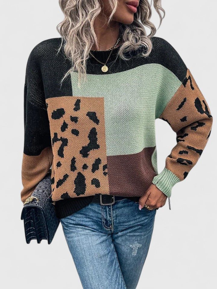 Leopard Patchwork Crew Neck sweater for Women - Black