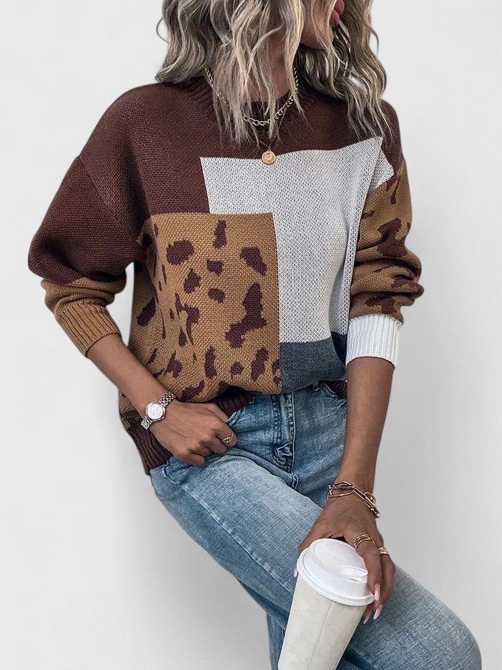 Leopard Patchwork Crew Neck sweater for Women - Brown