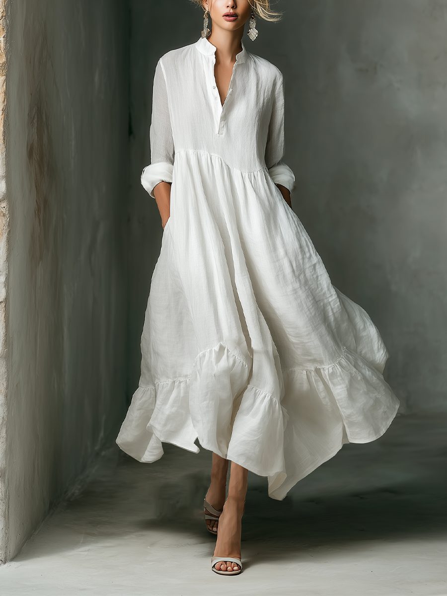 Linen Blend Maxi Shirt Dress with Ruffled Hem for Women