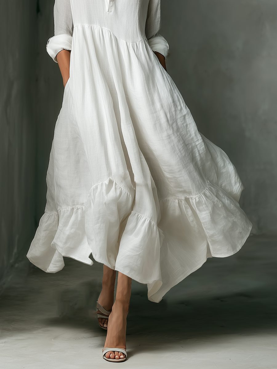 Linen Blend Maxi Shirt Dress with Ruffled Hem for Women - View 4
