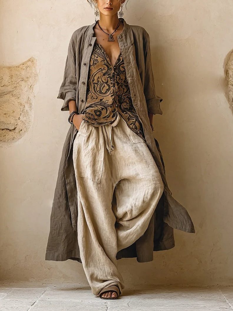 Linen Button-Down Shirt and Wide Leg Trousers Set for Women