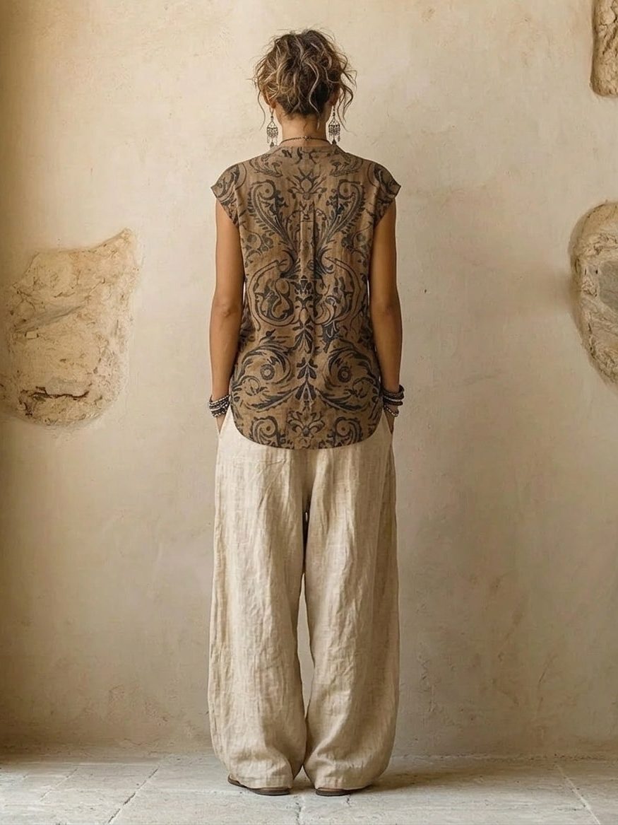 Linen Button-Down Shirt and Wide Leg Trousers Set for Women - View 3