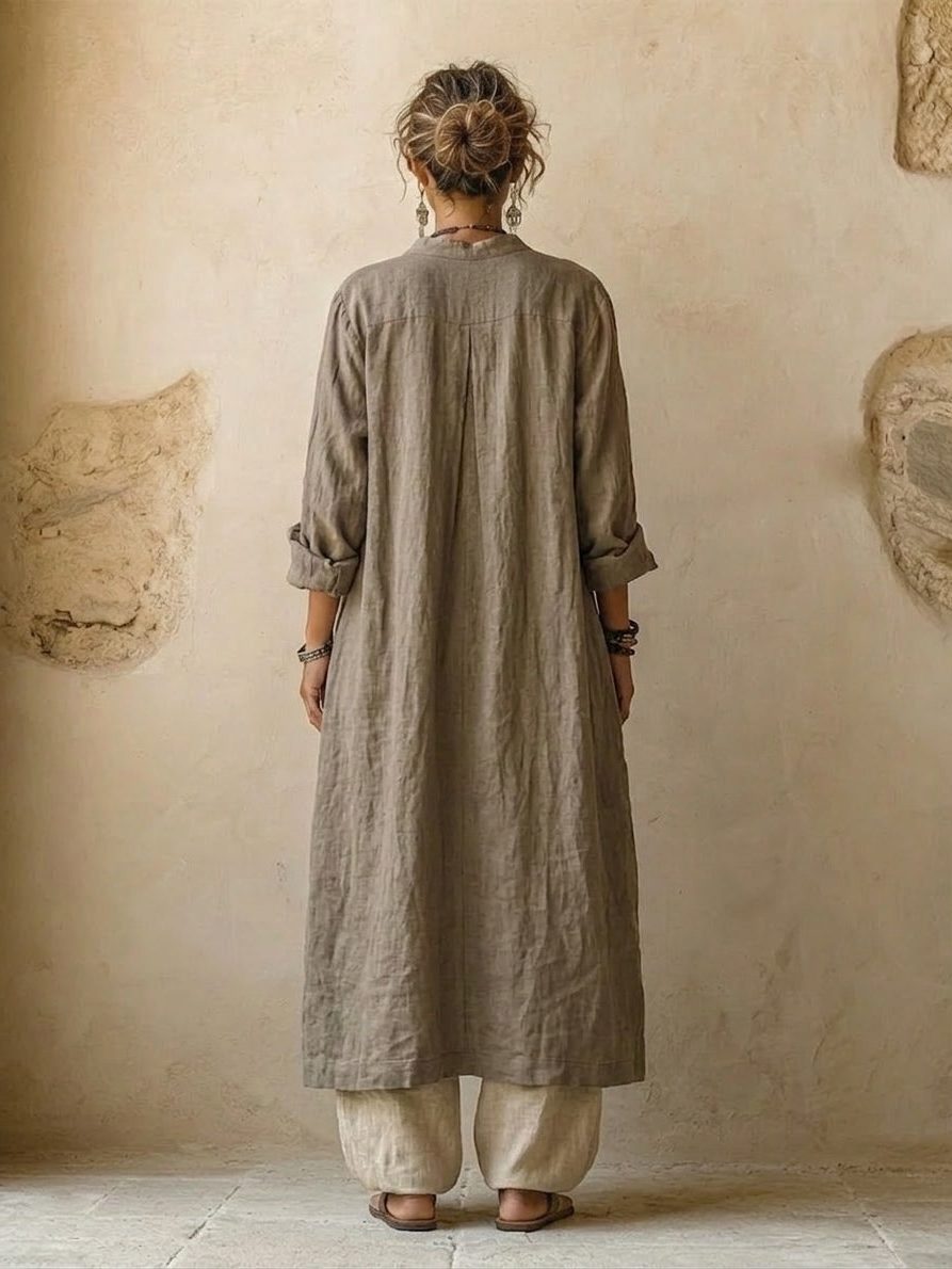 Linen Button-Down Shirt and Wide Leg Trousers Set for Women - View 5