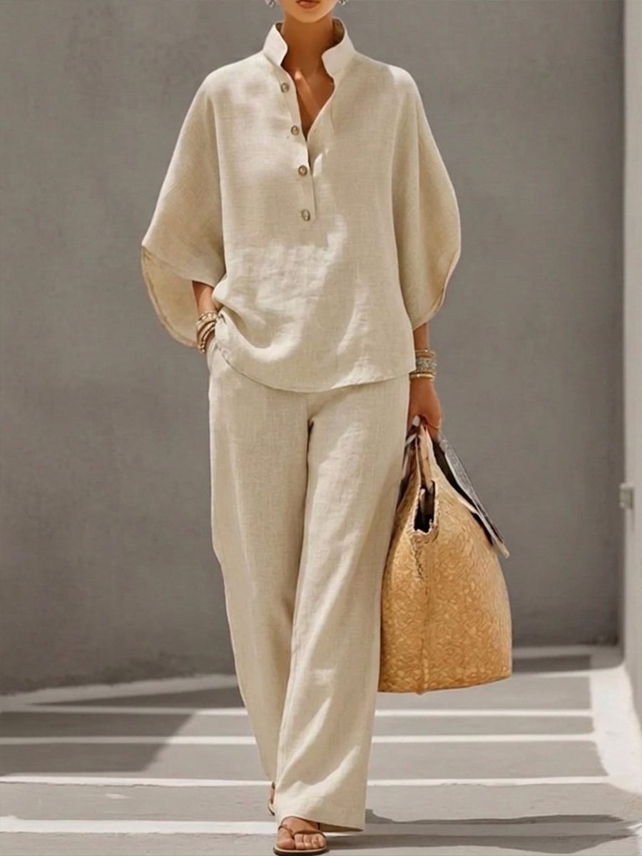 Linen Cotton Wide Leg Pant Set with Batwing Sleeves for Women