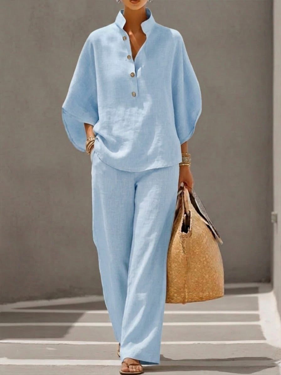 Linen Cotton Wide Leg Pant Set with Batwing Sleeves for Women - Bleu Clair