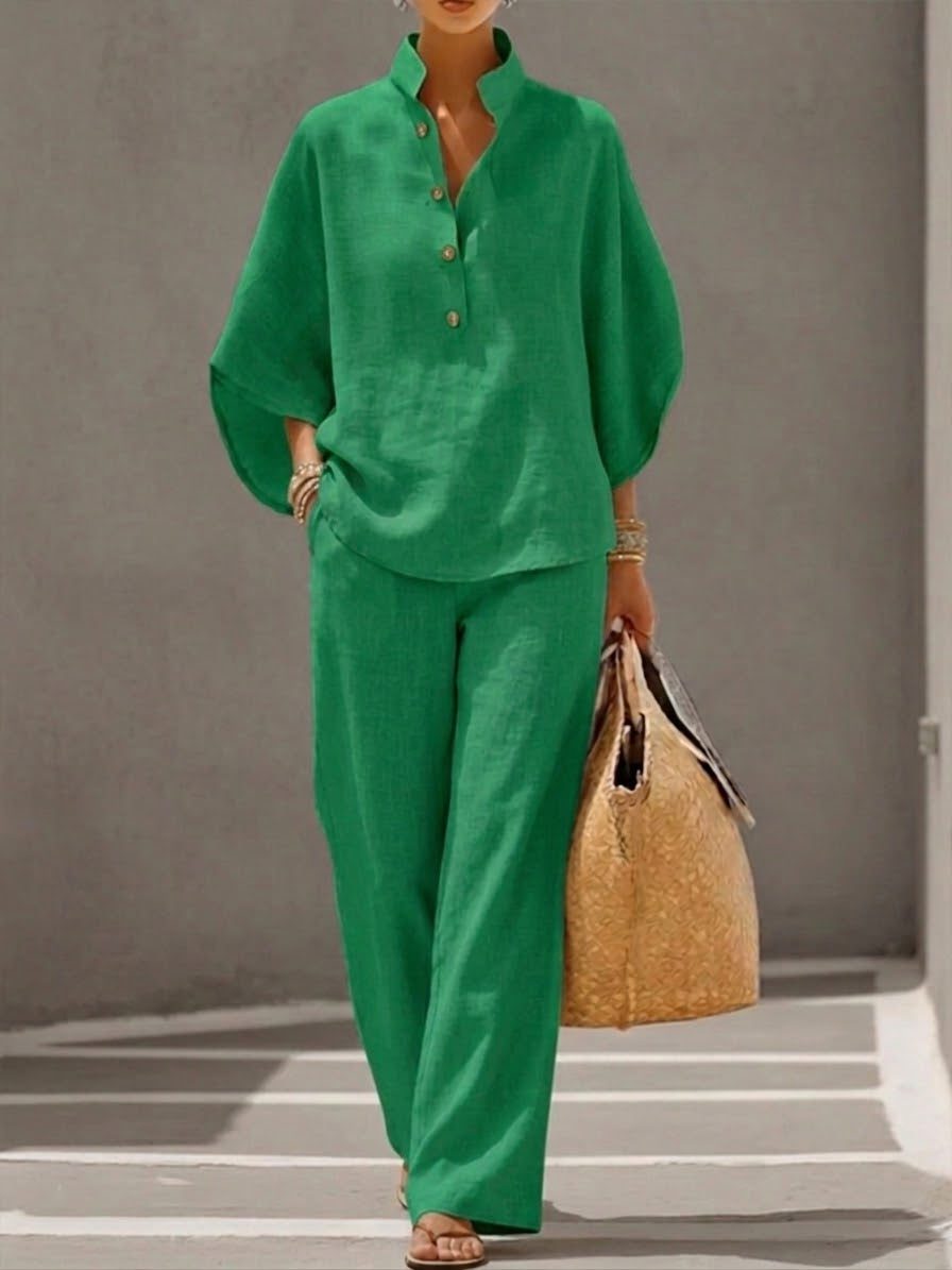 Linen Cotton Wide Leg Pant Set with Batwing Sleeves for Women - Vert