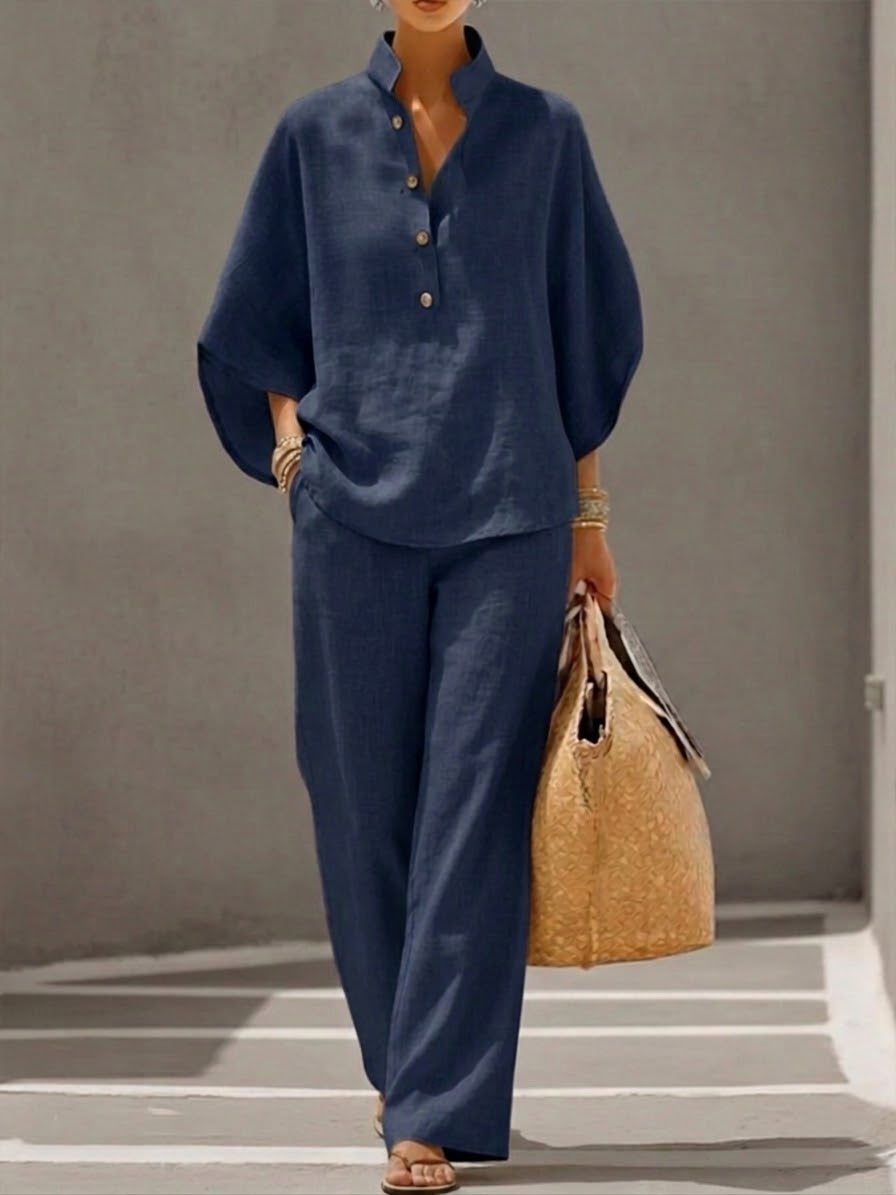 Linen Cotton Wide Leg Pant Set with Batwing Sleeves for Women - Marine
