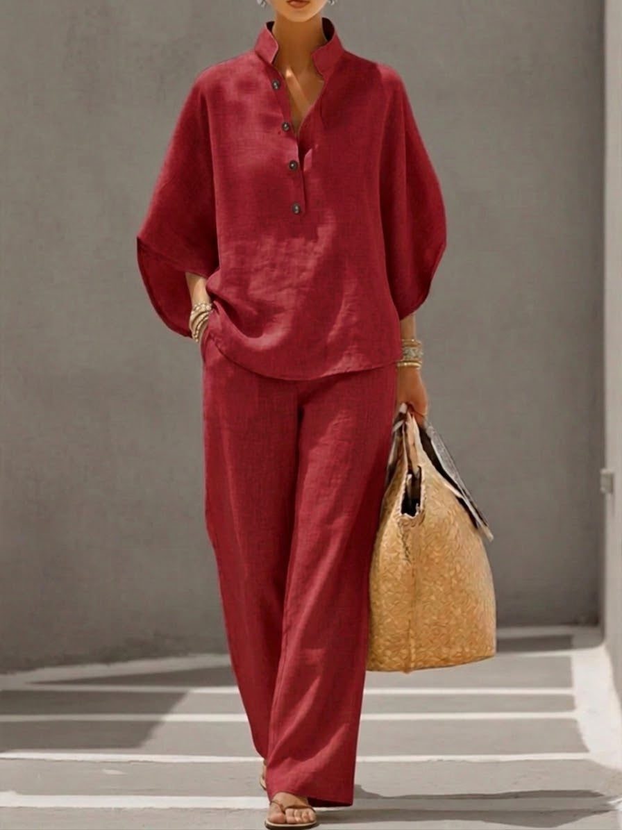 Linen Cotton Wide Leg Pant Set with Batwing Sleeves for Women - Rouge