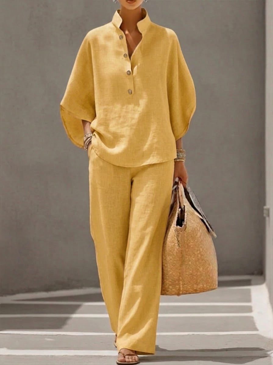 Linen Cotton Wide Leg Pant Set with Batwing Sleeves for Women - Jaune