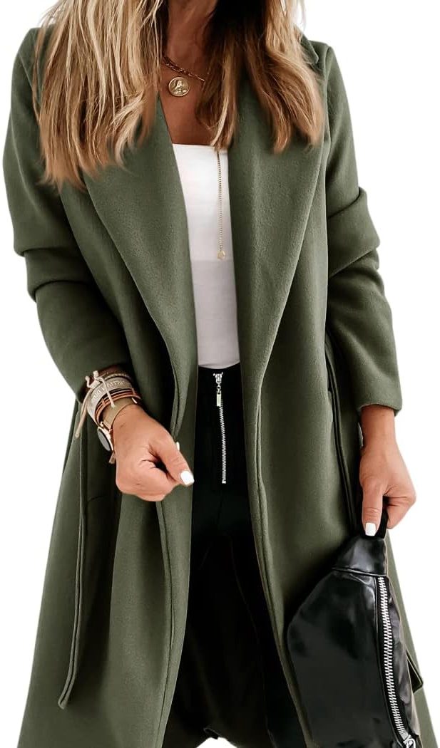 Long Belted Lapel Coat for Women - Army Green