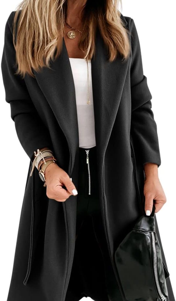 Long Belted Lapel Coat for Women - Black