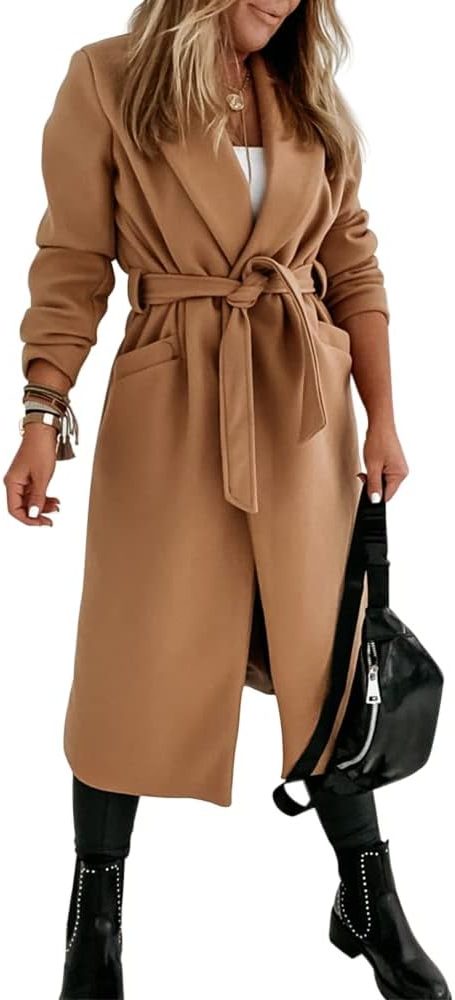 Long Belted Lapel Coat for Women - View 38