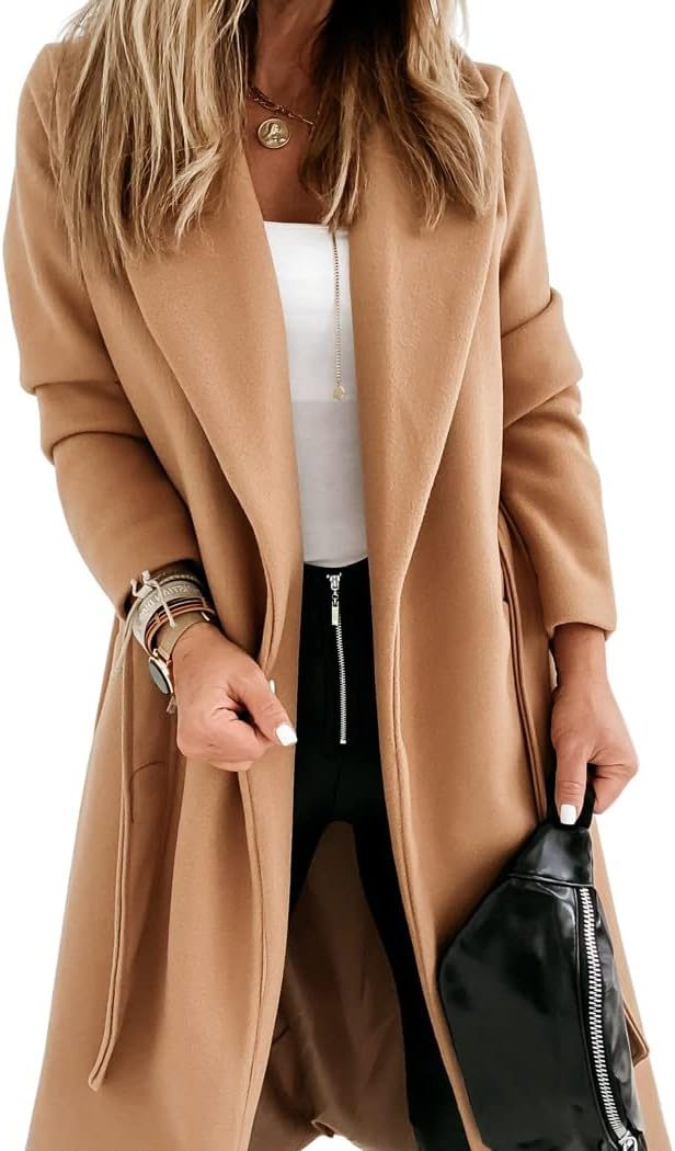 Long Belted Lapel Coat for Women - Beige