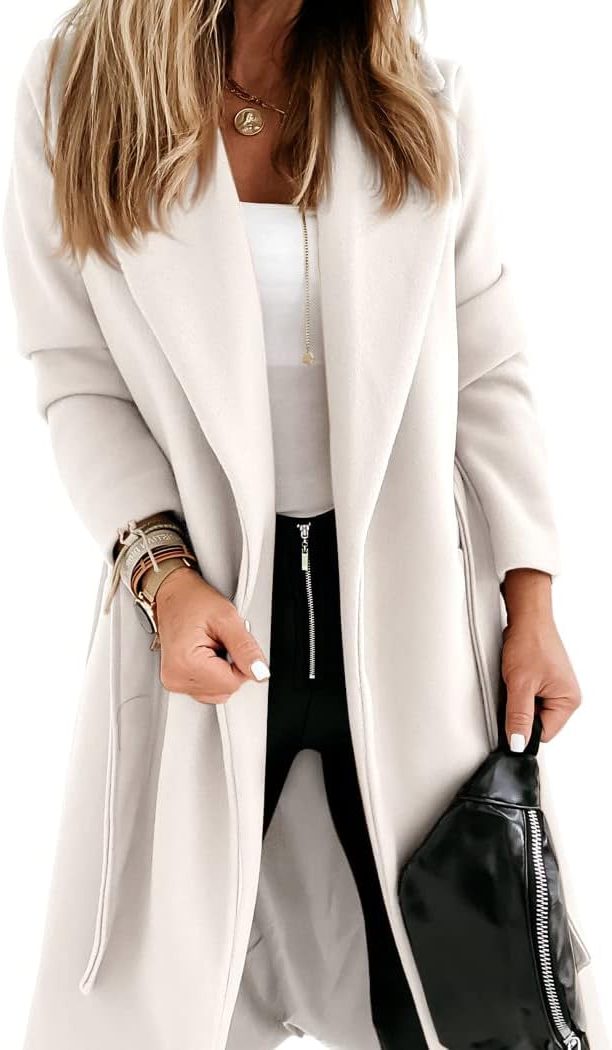 Long Belted Lapel Coat for Women - White
