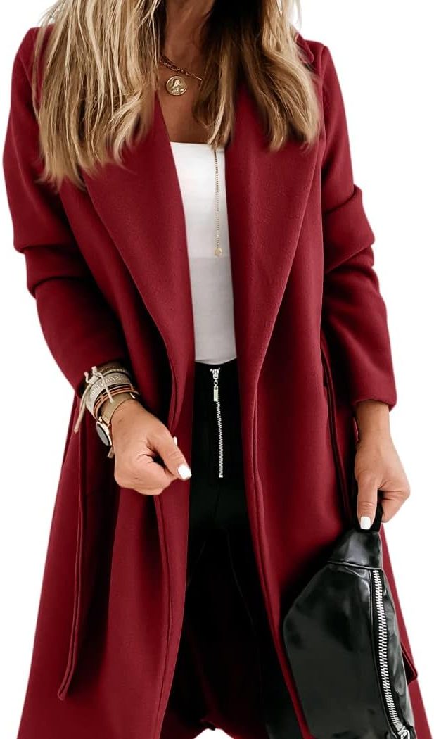 Long Belted Lapel Coat for Women - Wine Red
