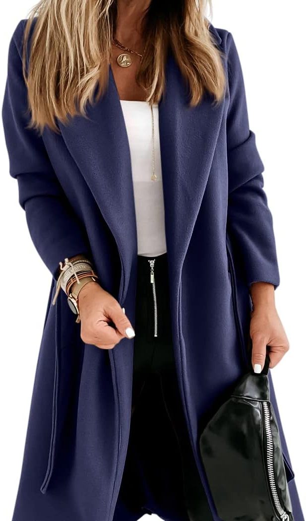 Long Belted Lapel Coat for Women - Blue