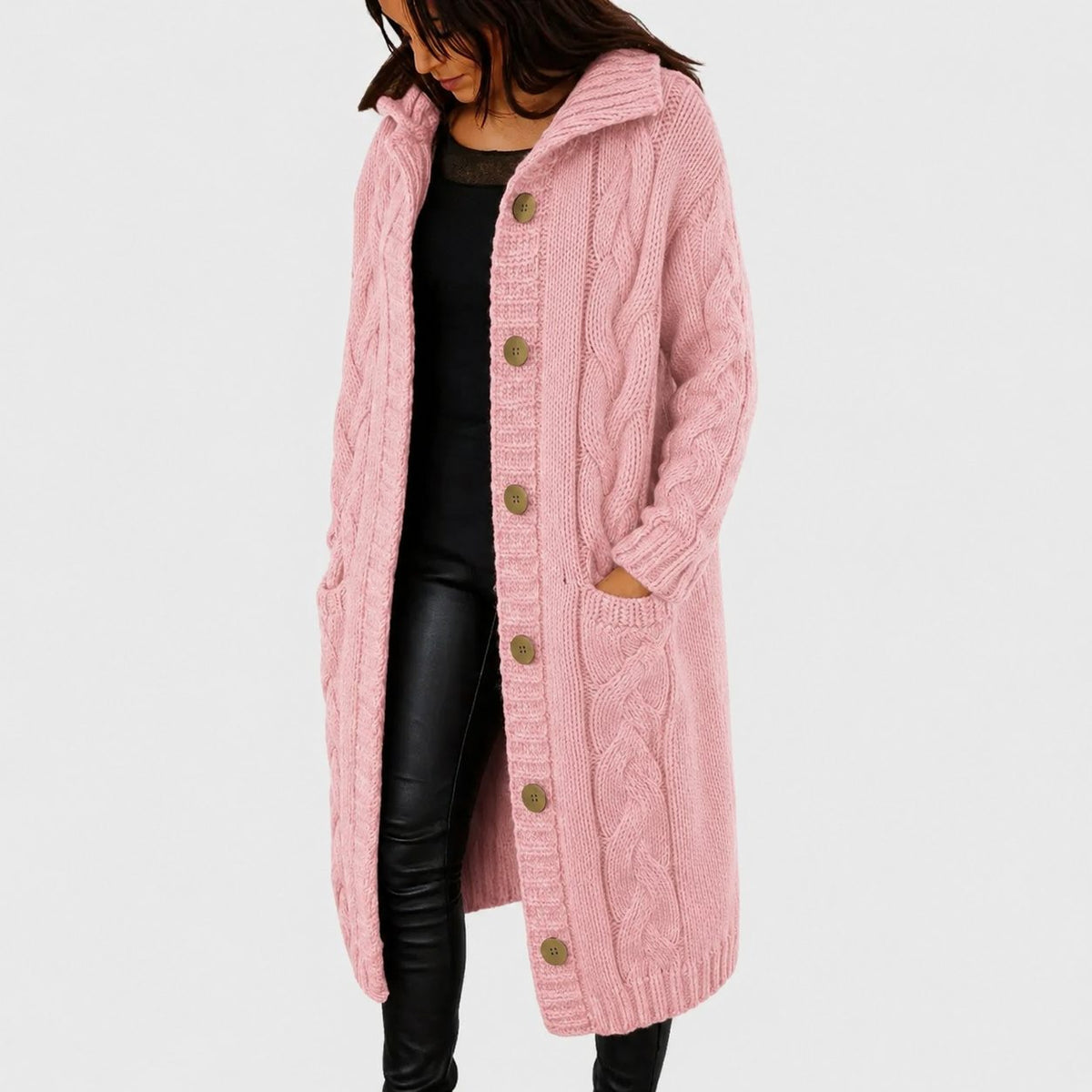 Long Cardigan with Button Closure for Women - Pink