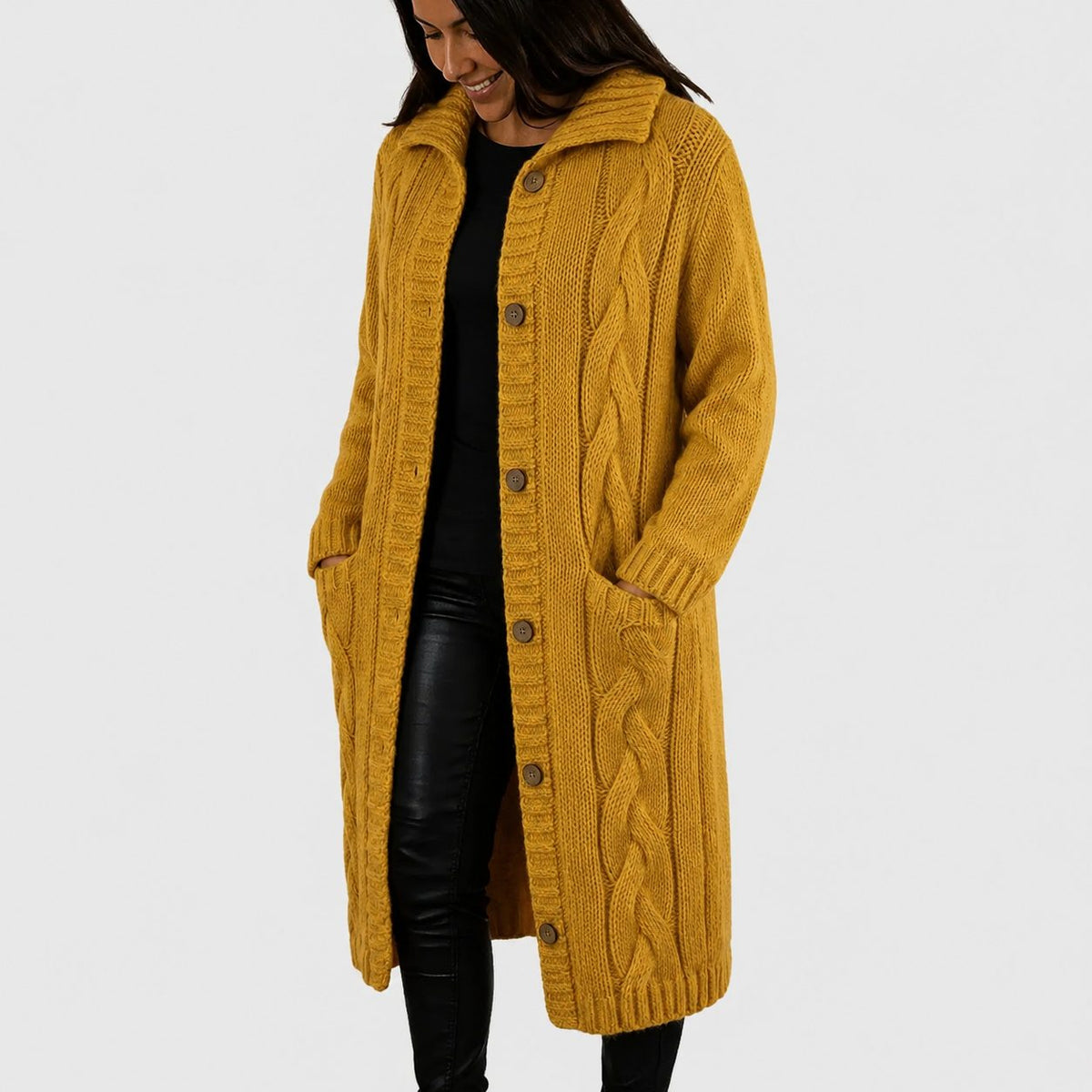 Long Cardigan with Button Closure for Women - Yellow