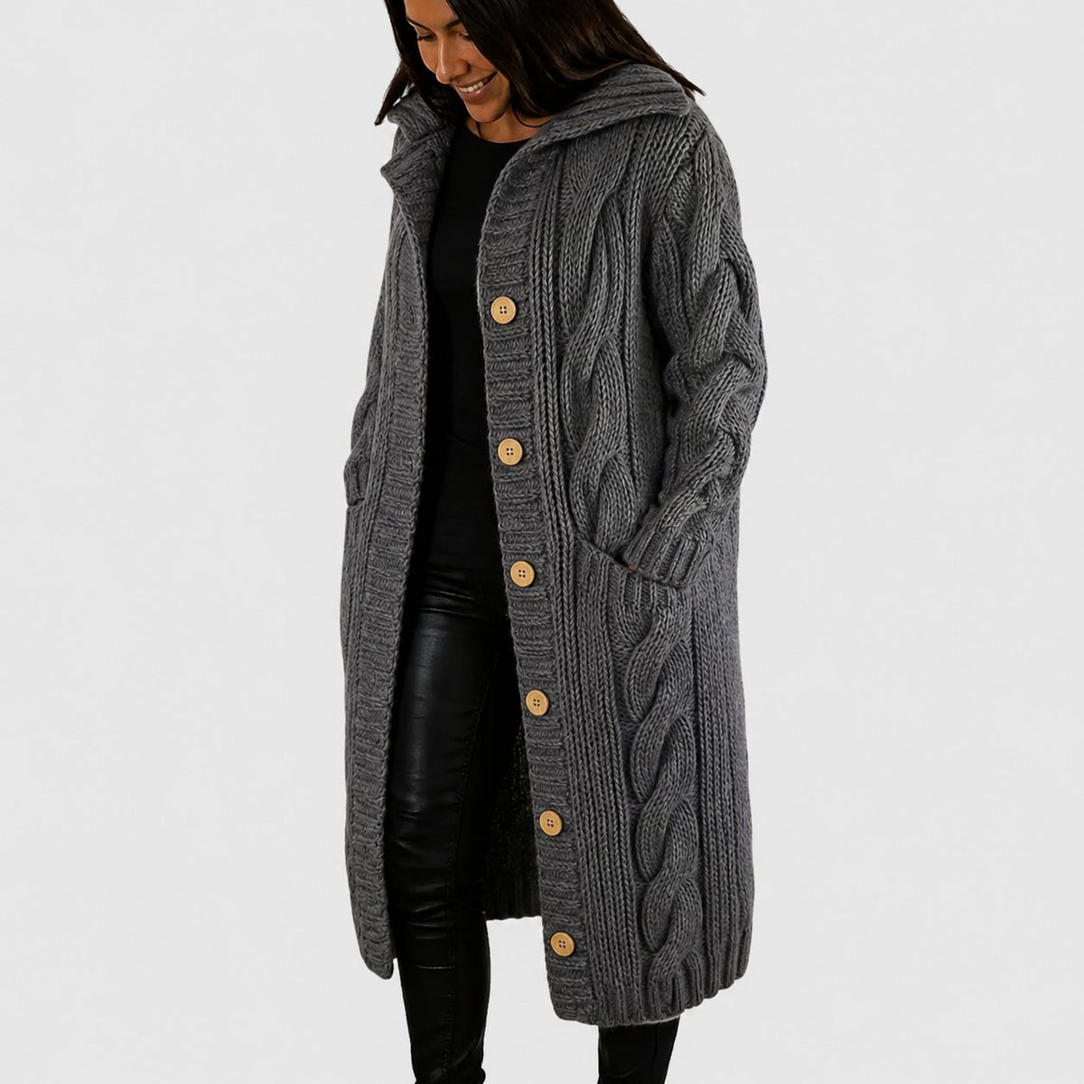 Long Cardigan with Button Closure for Women - Grey
