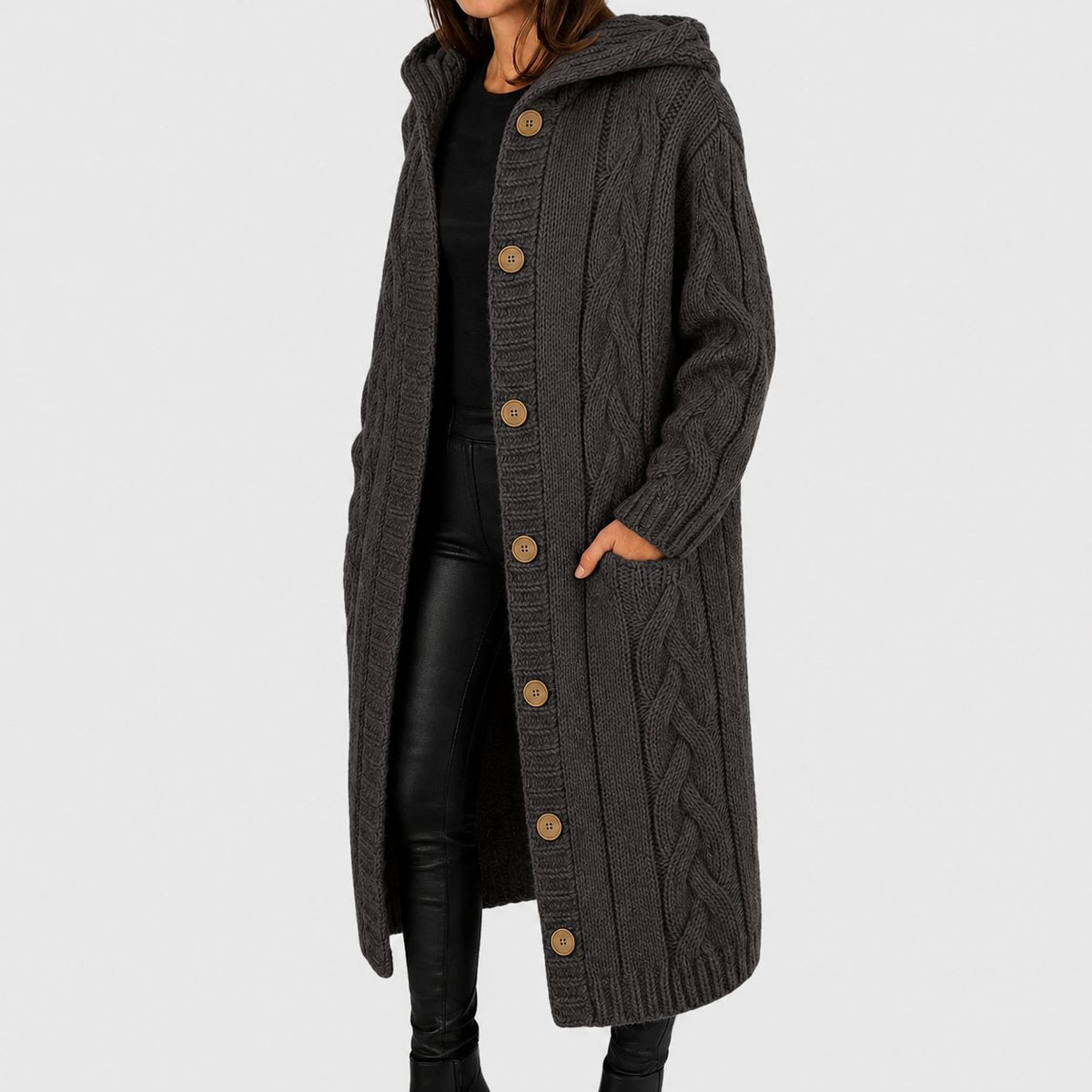 Long Cardigan with Button Closure for Women - Dark Grey