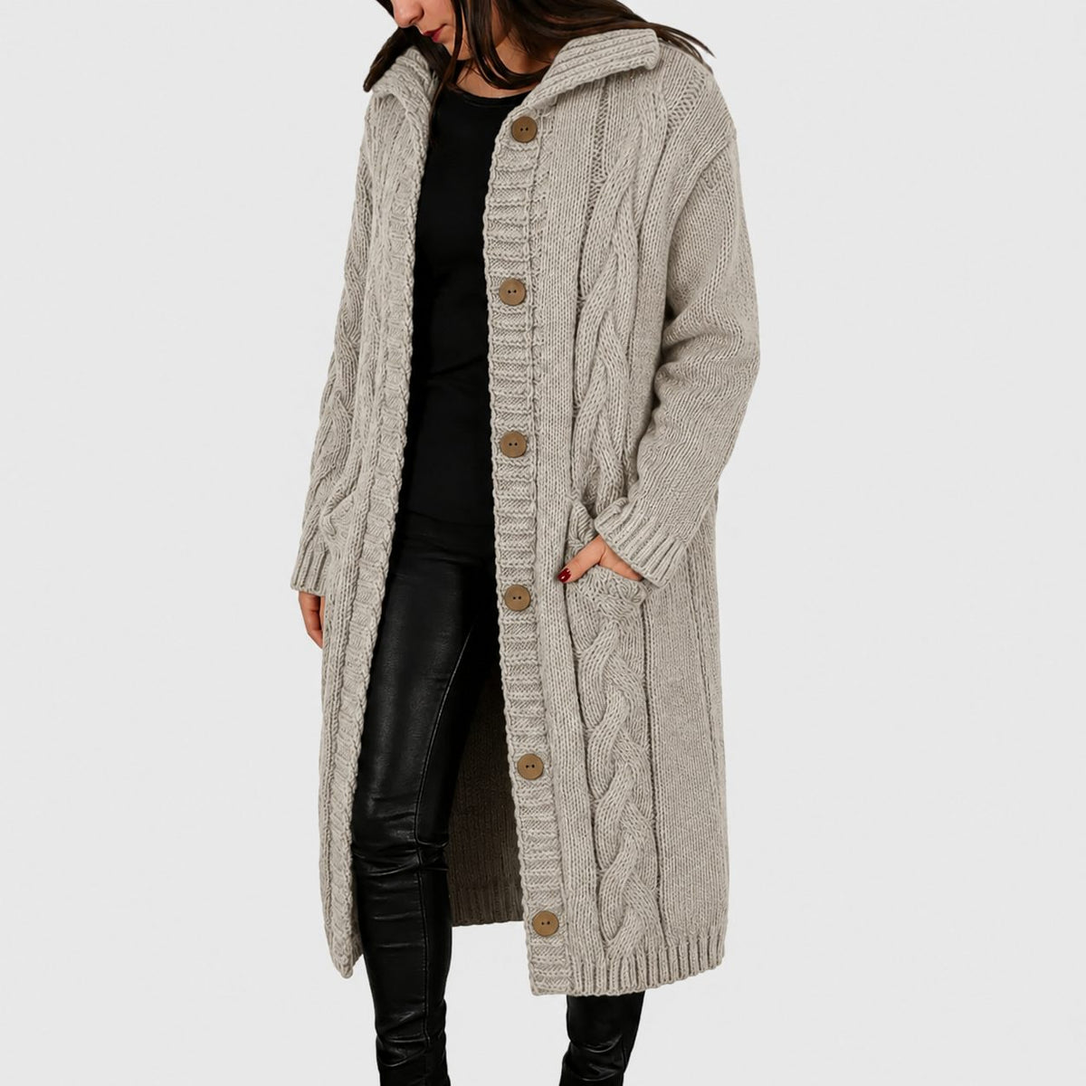 Long Cardigan with Button Closure for Women - Beige