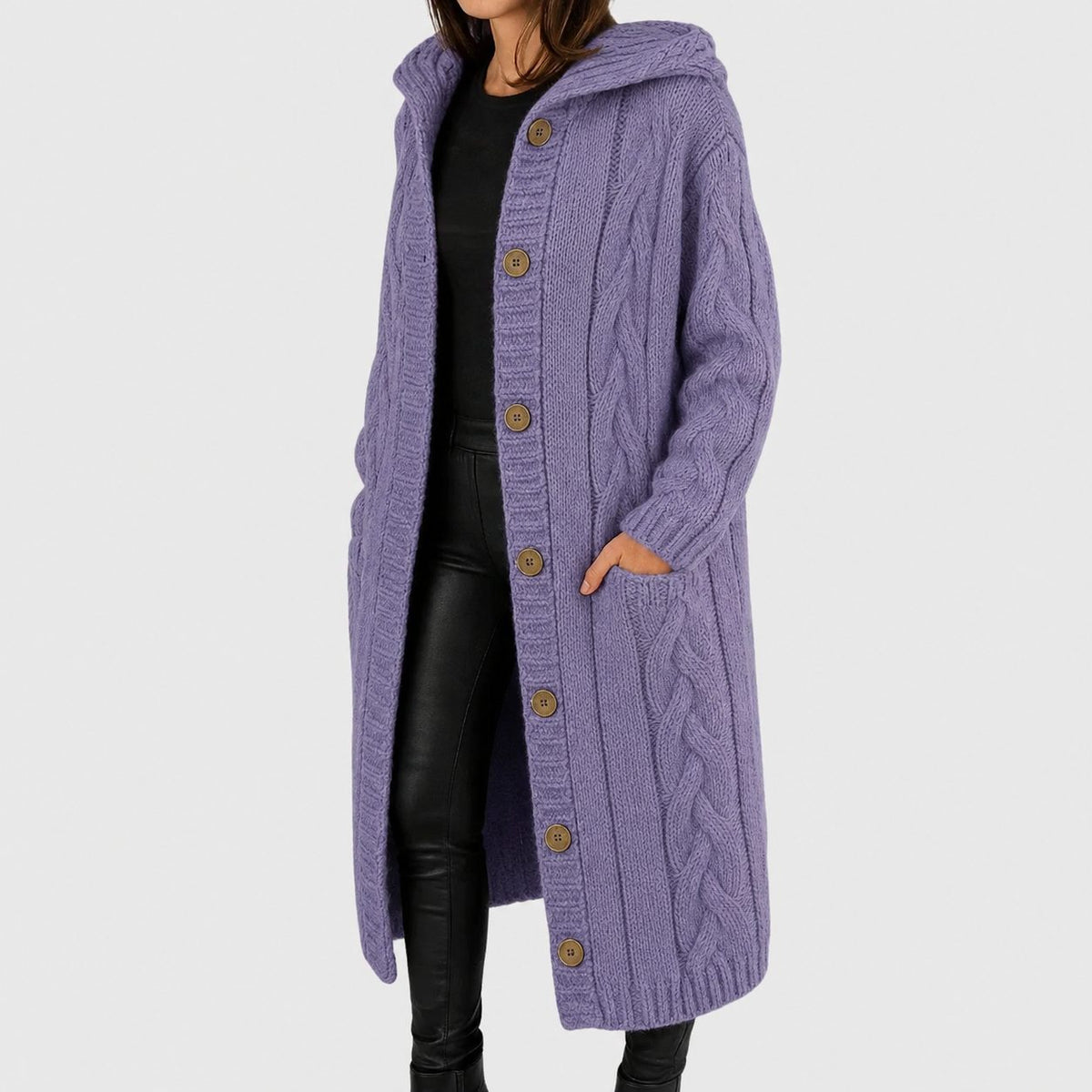 Long Cardigan with Button Closure for Women - Lilac