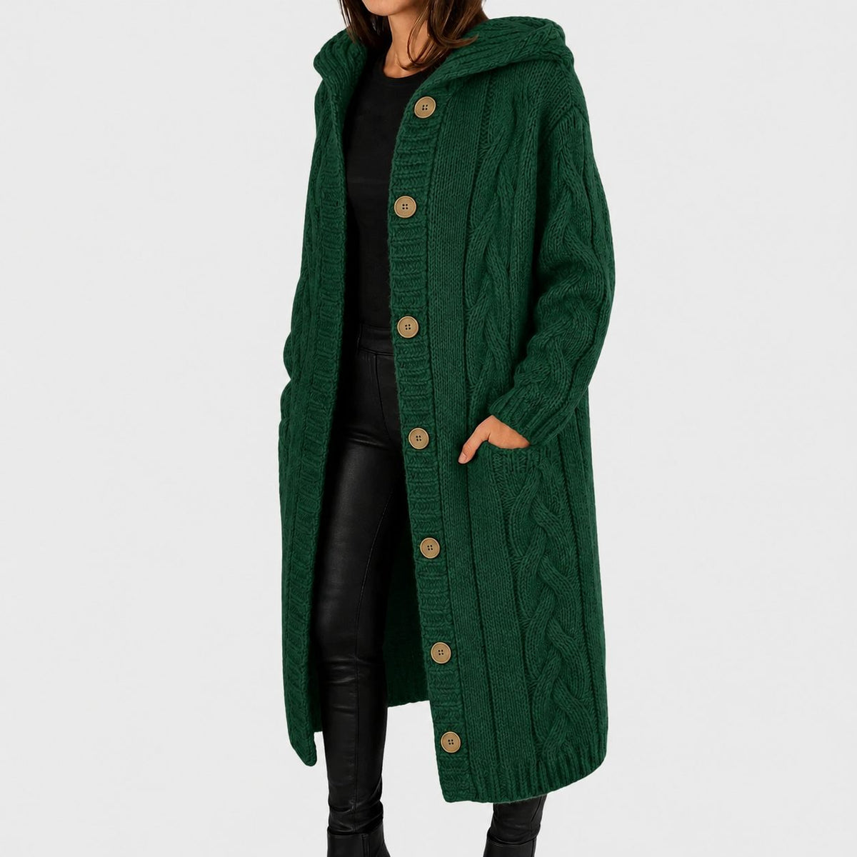 Long Cardigan with Button Closure for Women - Green