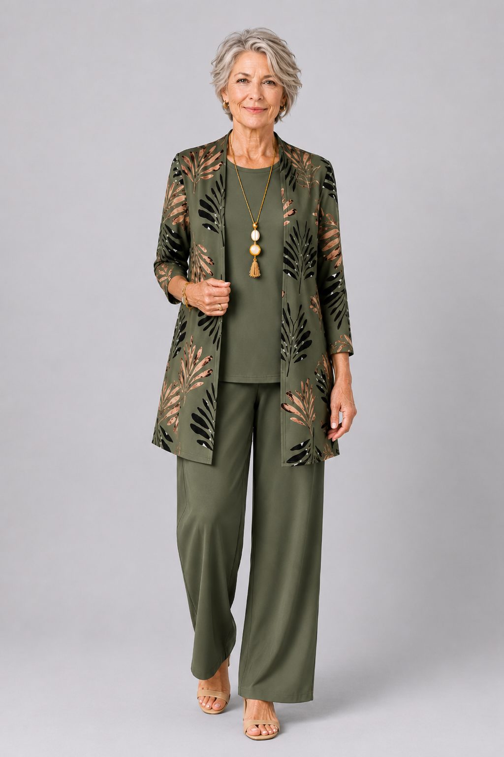 Long Cardigan with Floral Print and Wide Leg Trousers Set for Women