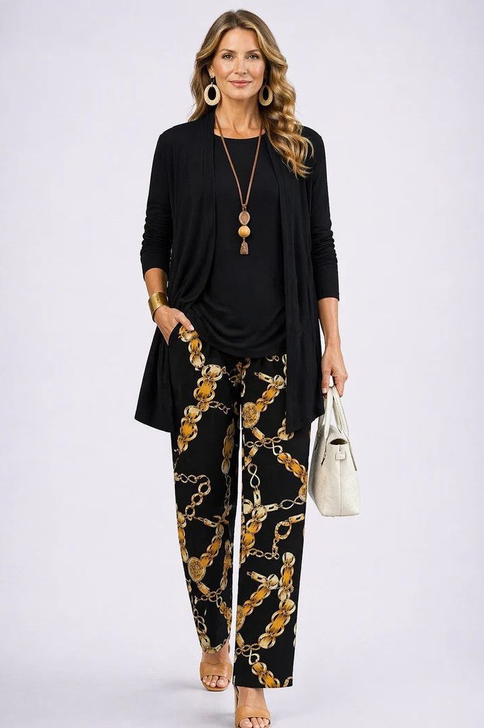 Long Cardigan with Floral Print and Wide Leg Trousers Set for Women - Black