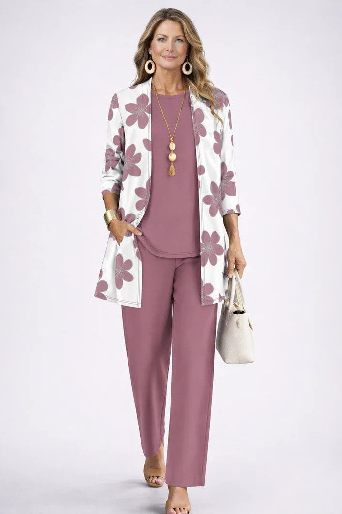 Long Cardigan with Floral Print and Wide Leg Trousers Set for Women - Dusky Pink