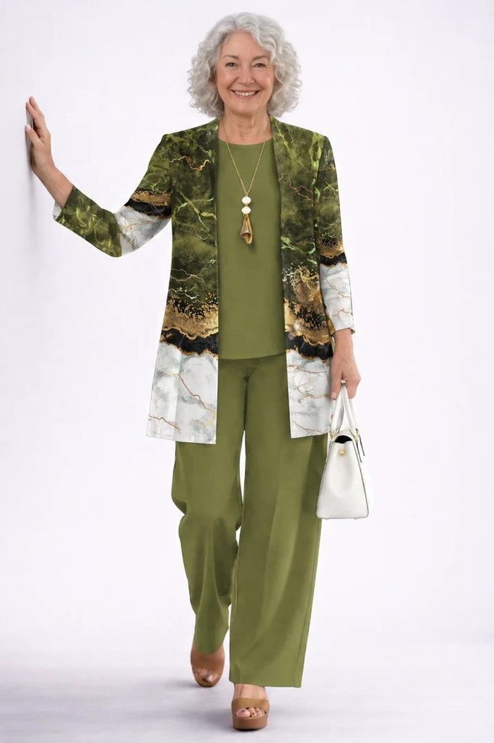 Long Cardigan with Floral Print and Wide Leg Trousers Set for Women - Olive Green