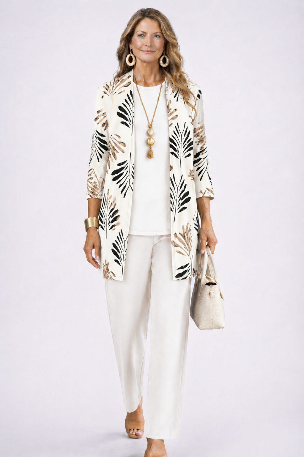 Long Cardigan with Floral Print and Wide Leg Trousers Set for Women - Ivory Bloom